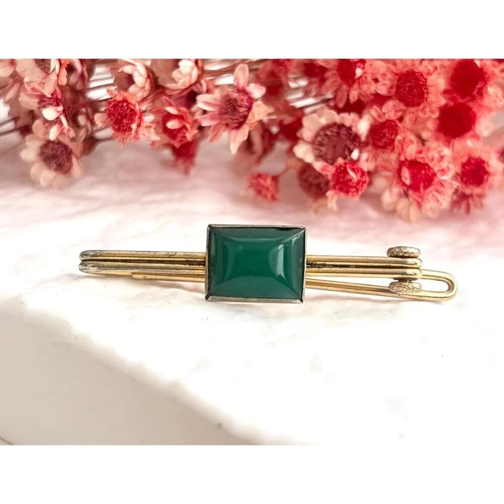 Swank Signed Faux Green Stone Gold Toned Vintage Men's Tie Bar | Tie Clip